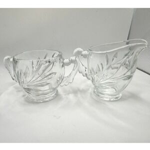 Clear Indiana Glass Willow Leaf Pattern Creamer and Sugar Bowl 1950s Vintage